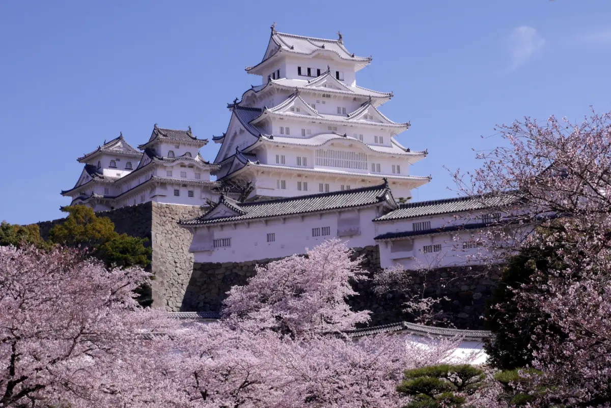 Himeji Castle, a Japan UNESCO World Heritage Site, standing tall with its white walls under a clear blue sky.