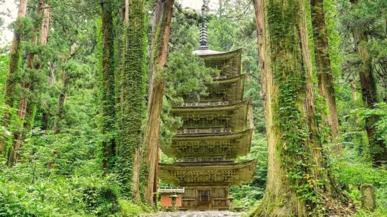 The Five-Story Pagoda on Mount Haguro, a symbol of Dewa Sanzan’s spiritual heritage.