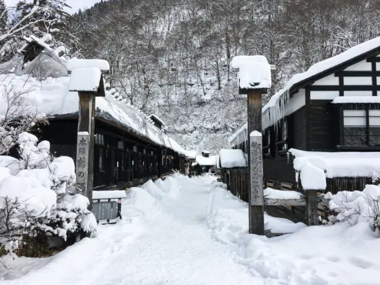 Nyuto Onsen, featuring traditional inns and open-air hot springs surrounded by nature.