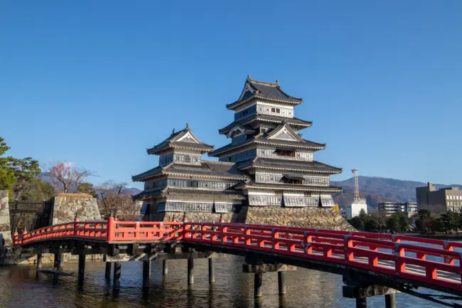 Matsumoto Castle reflected in its surrounding moat, a national treasure of Japan.