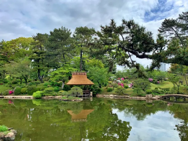 A tranquil pond surrounded by cherry blossoms in Shukkeien Garden, Hiroshima.