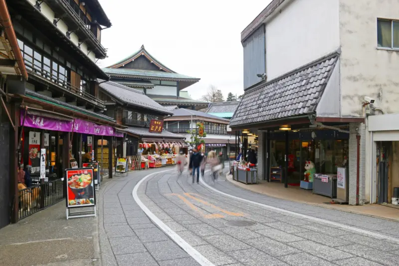 The street leading to a shrine lined with traditional shops and buildings