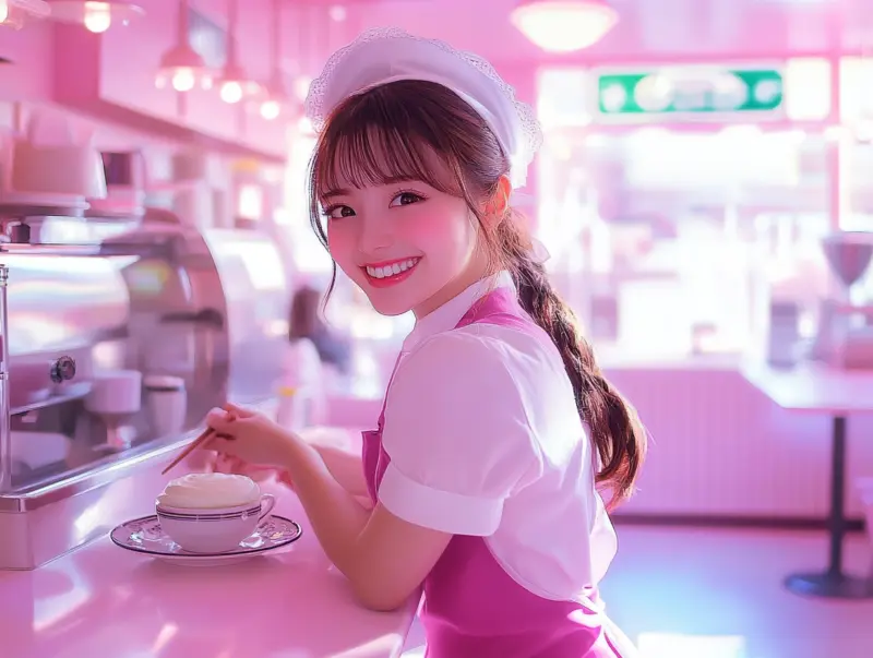 A maid preparing food in the kitchen of a maid cafe.