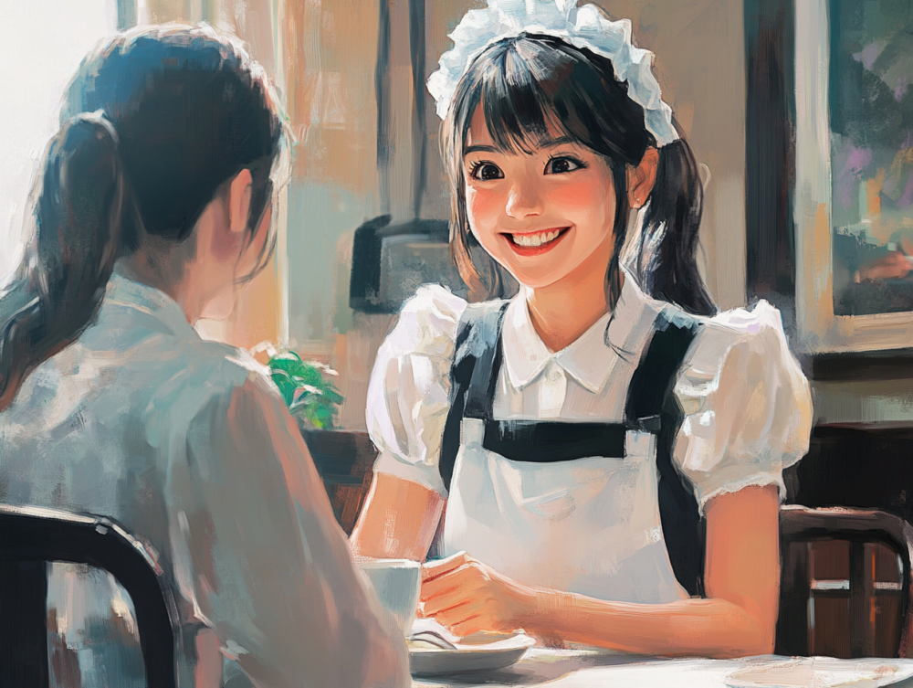 A maid talking to a female customer at a maid cafe.