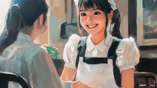 A maid talking to a female customer at a maid cafe.