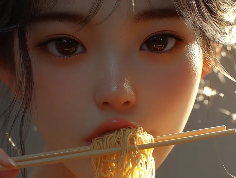 A steaming bowl of ramen with a person slurping the noodles.