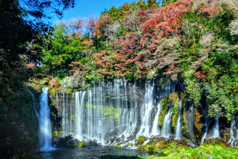 Shiraito Falls with autumn foliage in Shizuoka