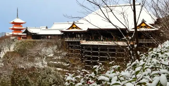 The wooden stage at Kiyomizu-dera Temple, offering panoramic views of Kyoto.