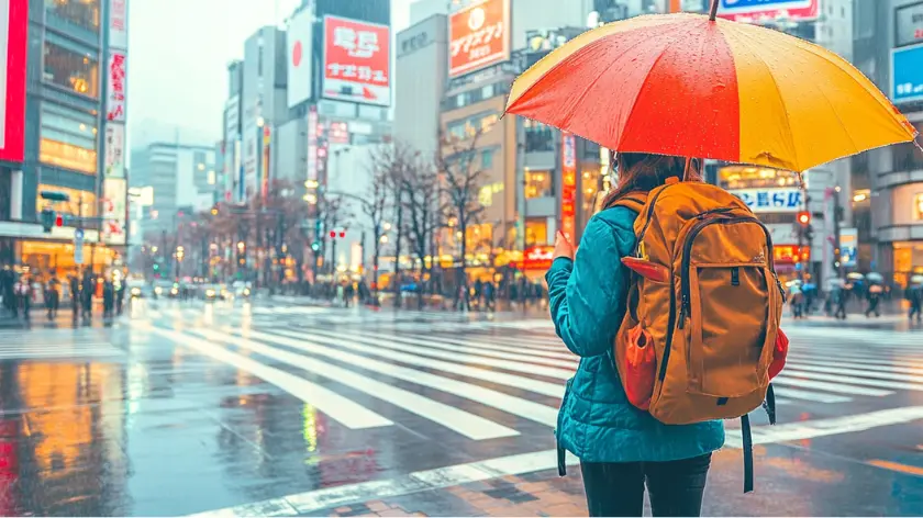 Rainy day in Tokyo: A glimpse of Japan's weather with people walking under umbrellas in the city.