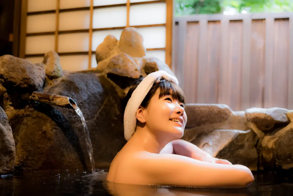 A tranquil Japanese onsen with scenic views