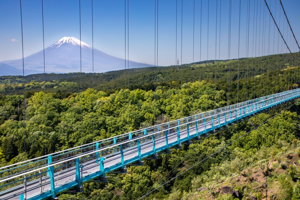 A stunning view of Mishima Skywalk with Mount Fuji in the background.