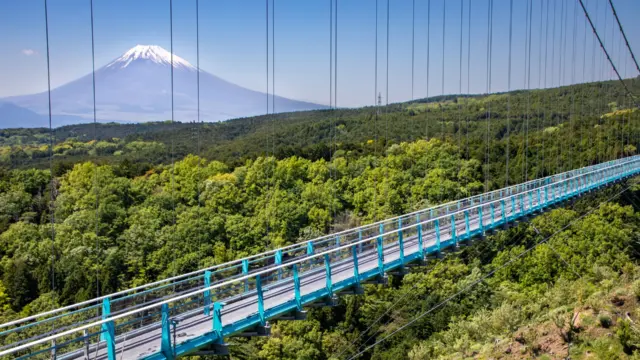 A stunning view of Mishima Skywalk with Mount Fuji in the background.