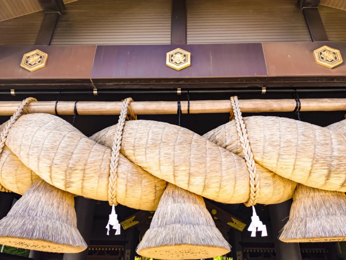 The iconic shimenawa rope hanging at Izumo Taisha Shrine in Shimane, Japan.
