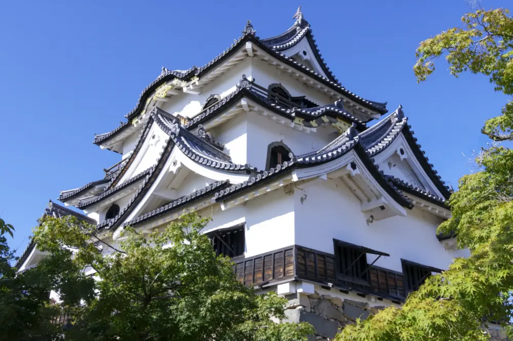 Hikone Castle main keep with a view of Lake Biwa.