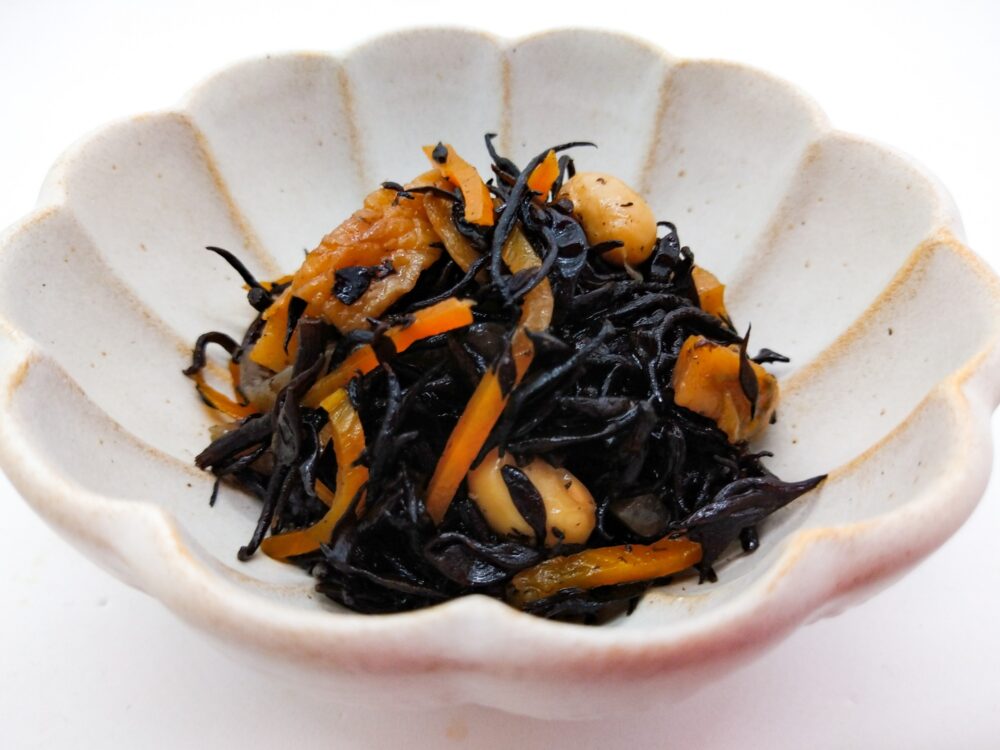 A traditional Obanzai dish with hijiki seaweed and soybeans.