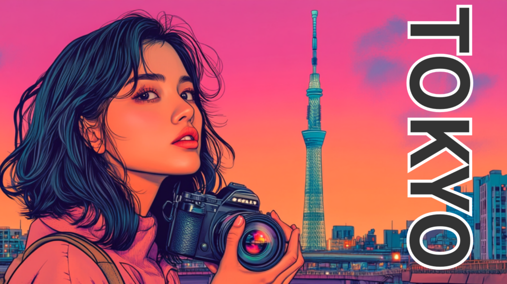 A Japanese woman taking a photo of Tokyo Skytree’s reflection from Jikkenbashi bridge at sunset.
