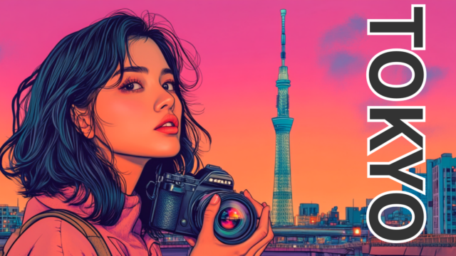 A Japanese woman taking a photo of Tokyo Skytree’s reflection from Jikkenbashi bridge at sunset.