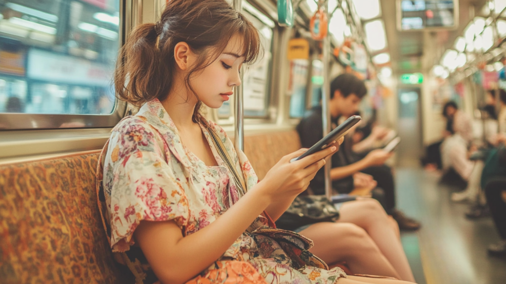 Passengers sitting quietly on a Japanese train, reading or using their phones.