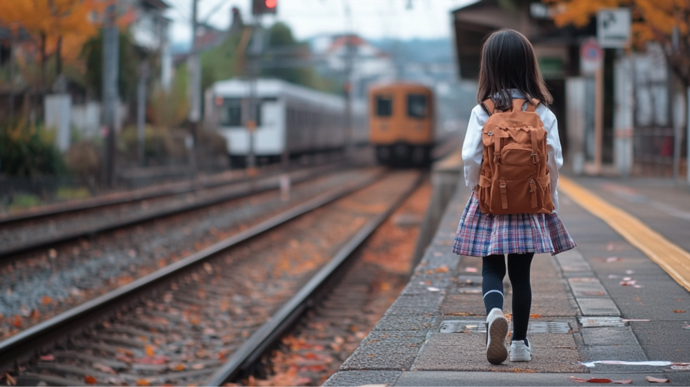 A young Japanese child in a school uniform walking alone on a train platform.
